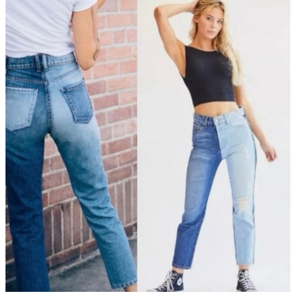 REVICE Two-Tone Straight Leg Jeans — Light & Medium Blue - Picture 2 of 3
